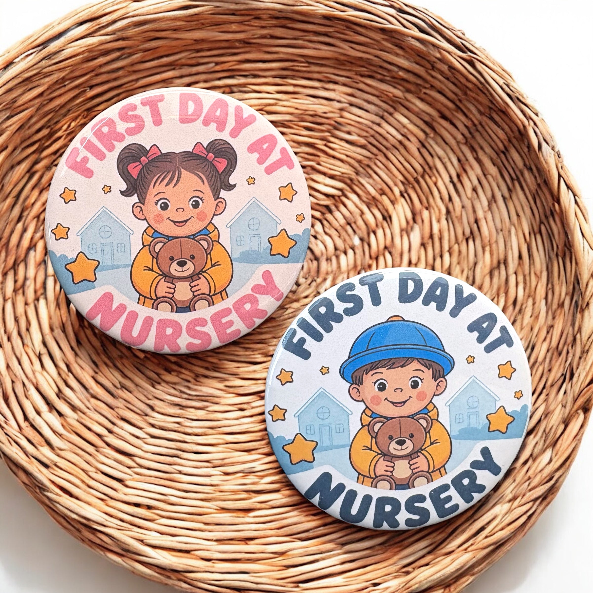 10 x First Day At Nursery Blue Boy / Pink Girl - 58mm Badges - A7