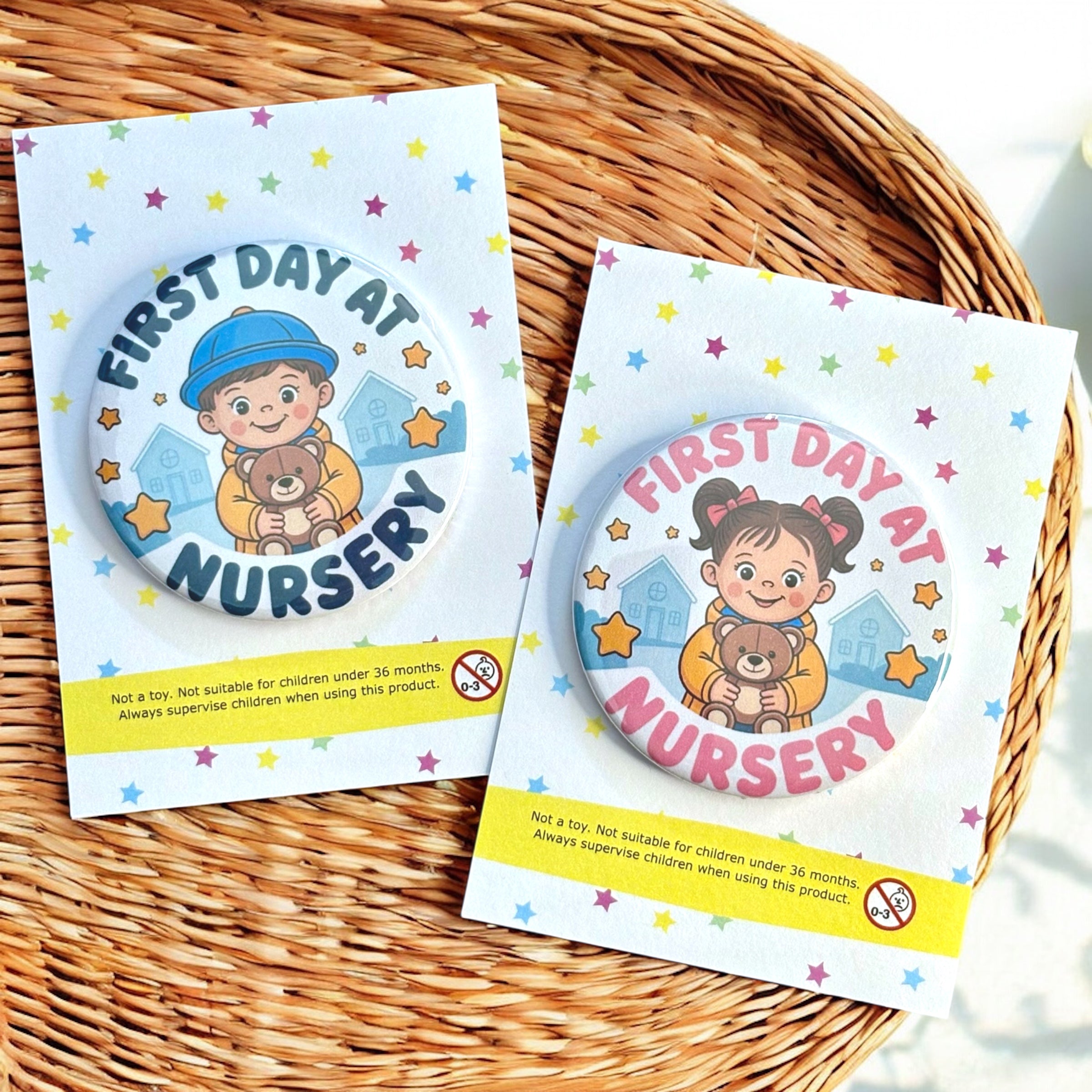 10 x First Day At Nursery Blue Boy / Pink Girl - 58mm Badges - A7