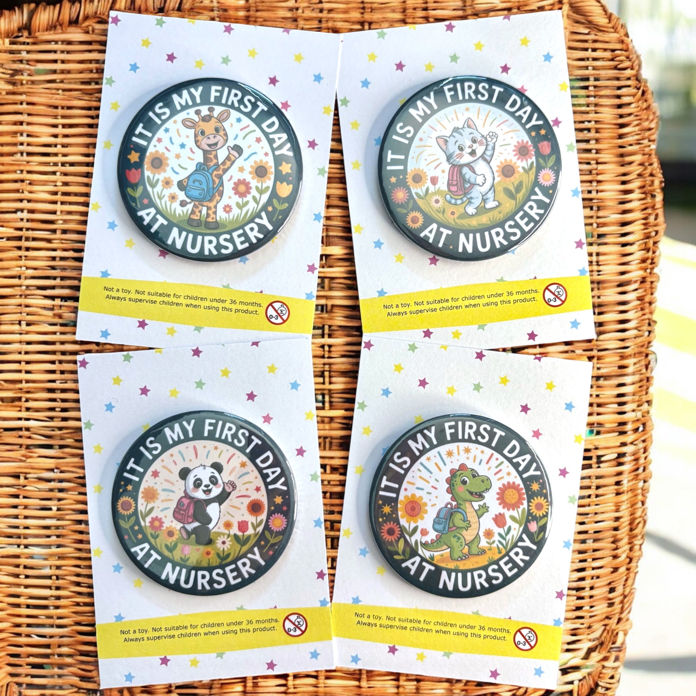 10 x 'It Is My First Day At Nursery' Animal Badges - 58mm Badges - A7