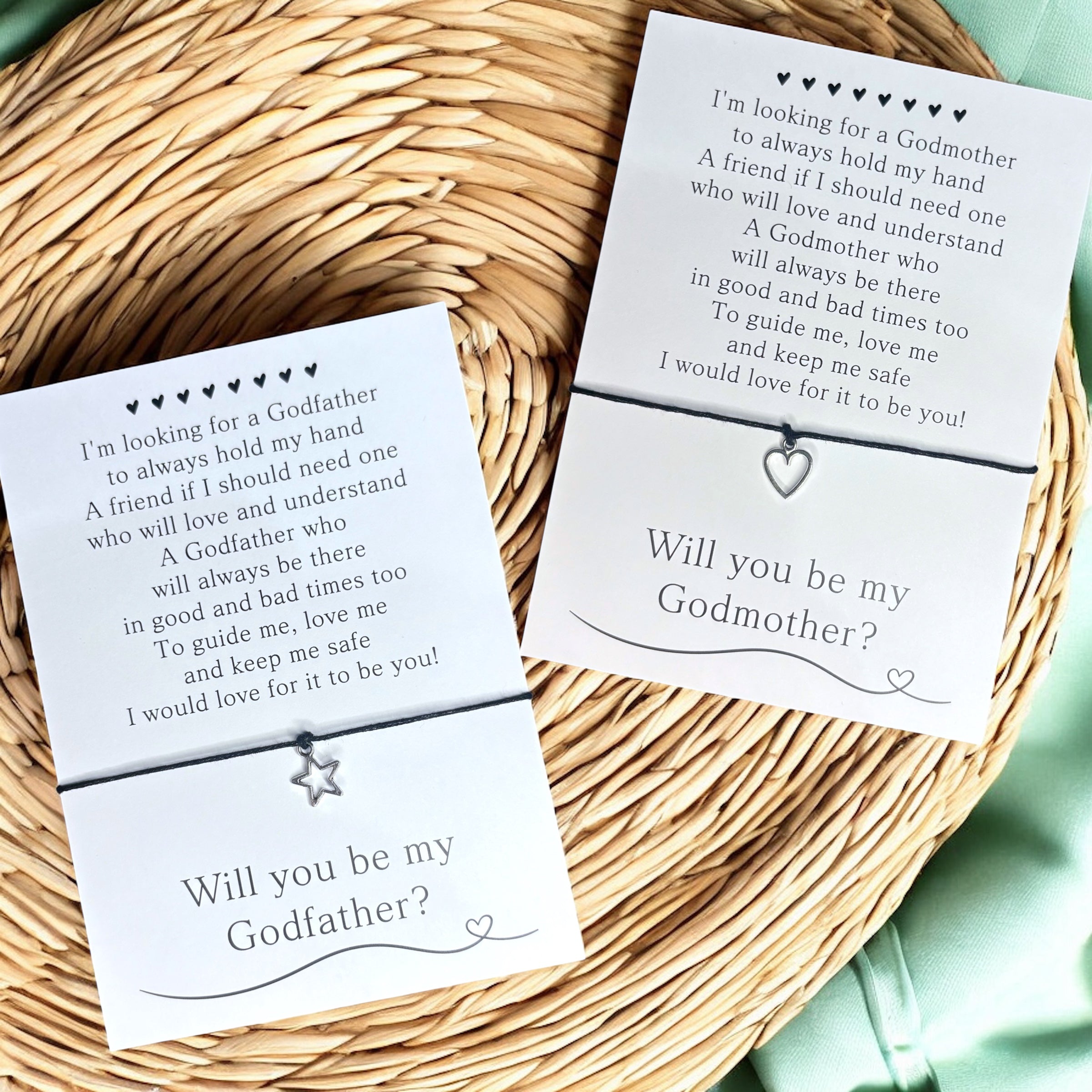10 x Will you be my - Godmother - Godfather - Bracelet - Heart / Stars Charm - A6