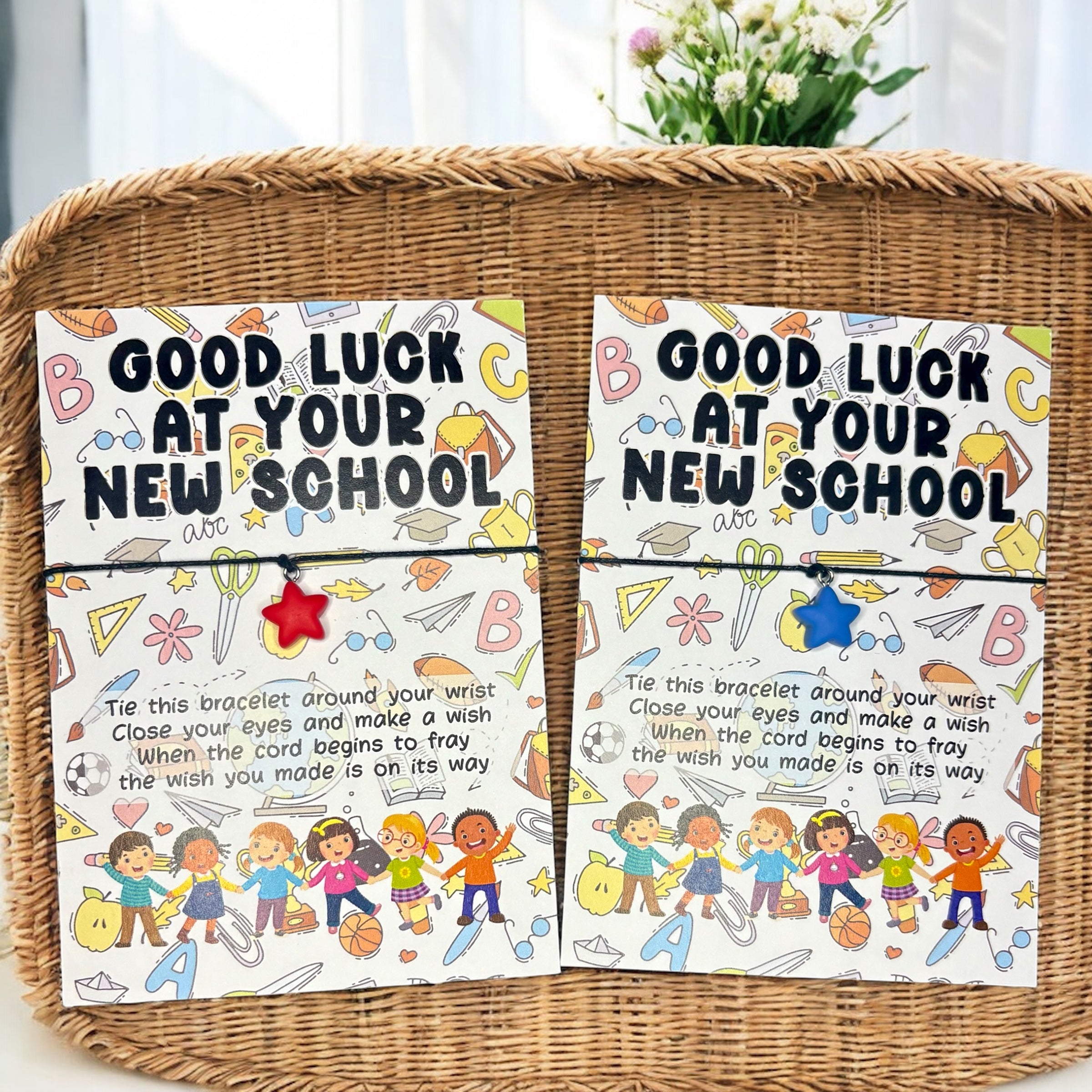 10 x 'Good Luck at your new school' - Bracelets - Coloured Star Charm - A6