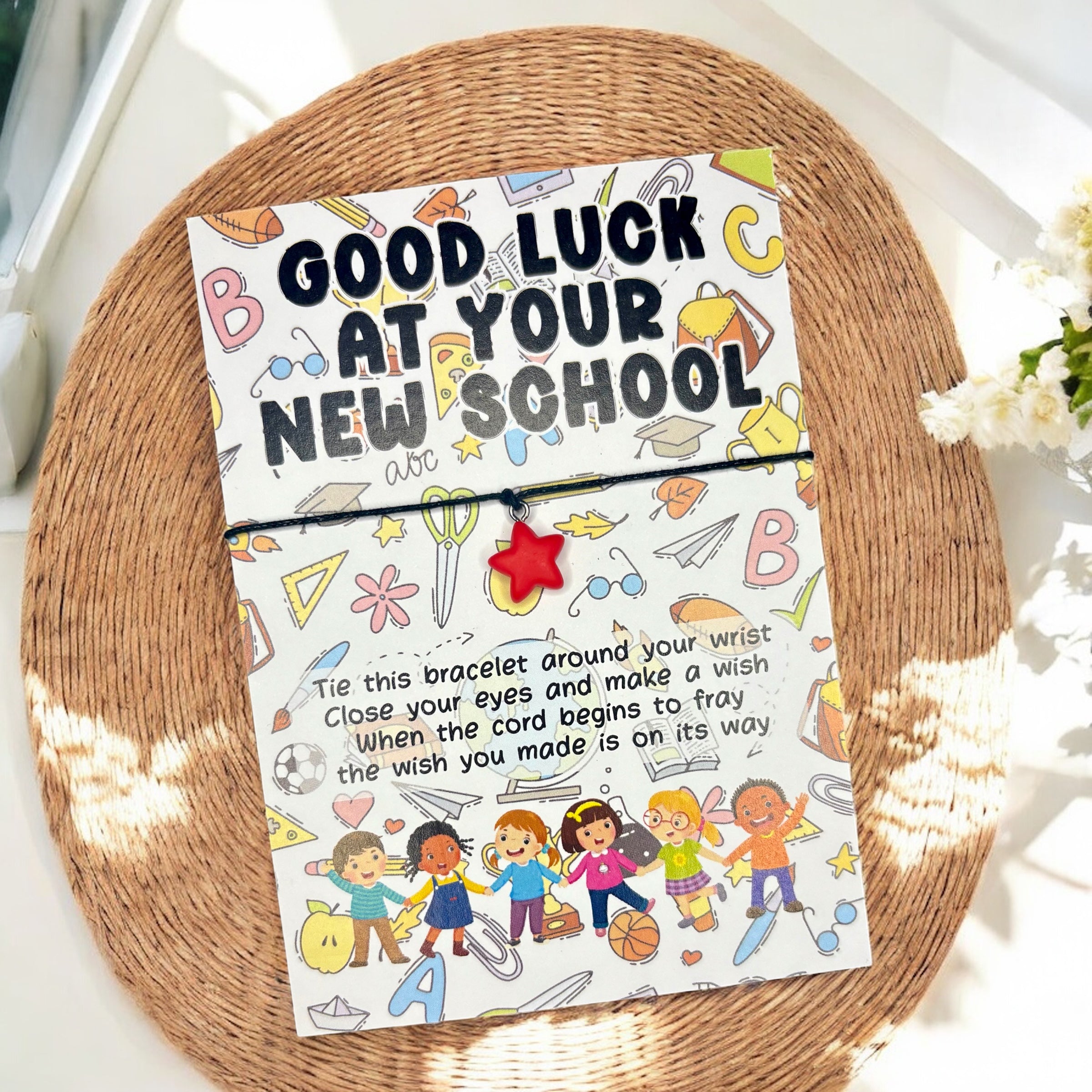 10 x 'Good Luck at your new school' - Bracelets - Coloured Star Charm - A6