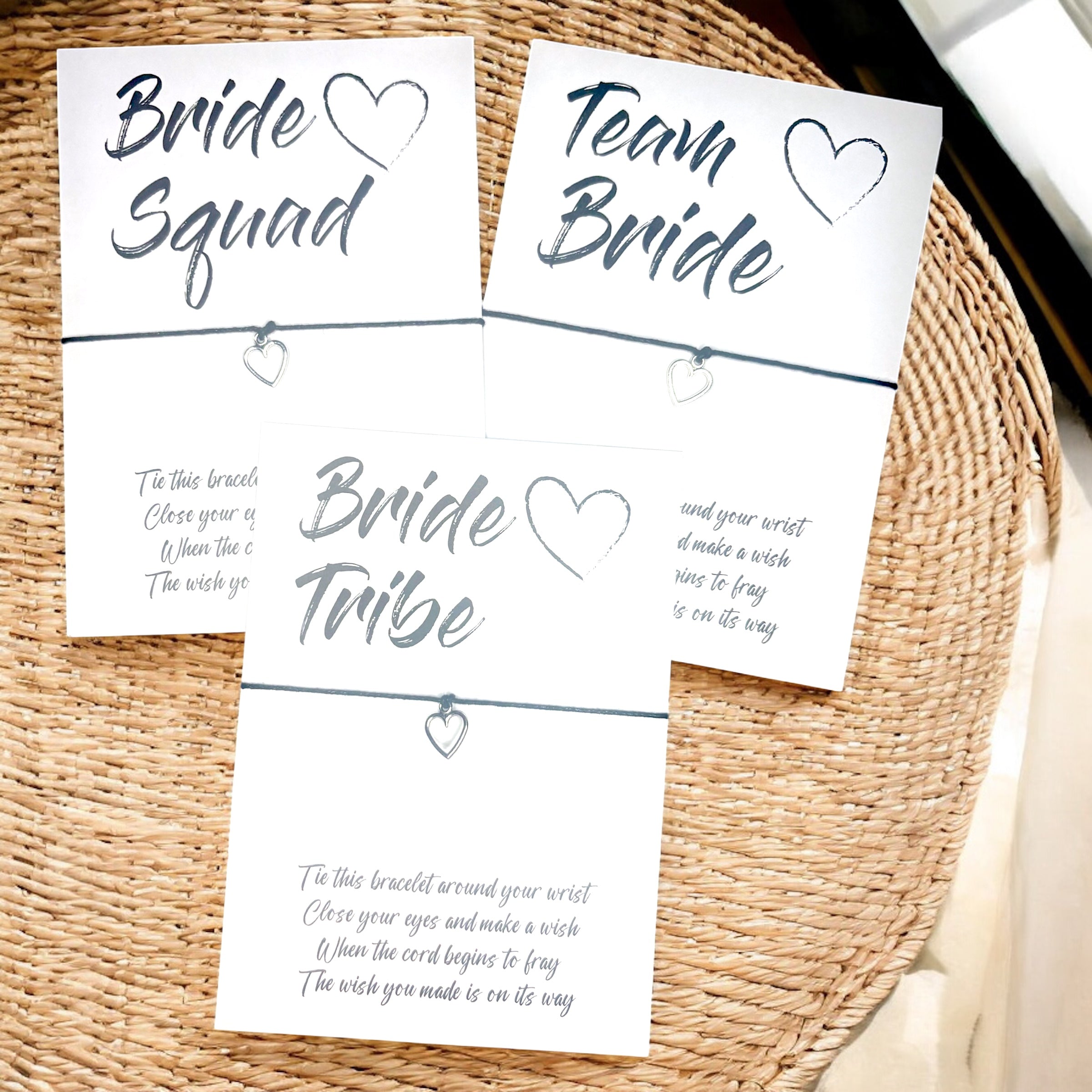 10 x Team Bride - Bride Tribe - Bride Squad - Bracelets - Heart Charms - A6