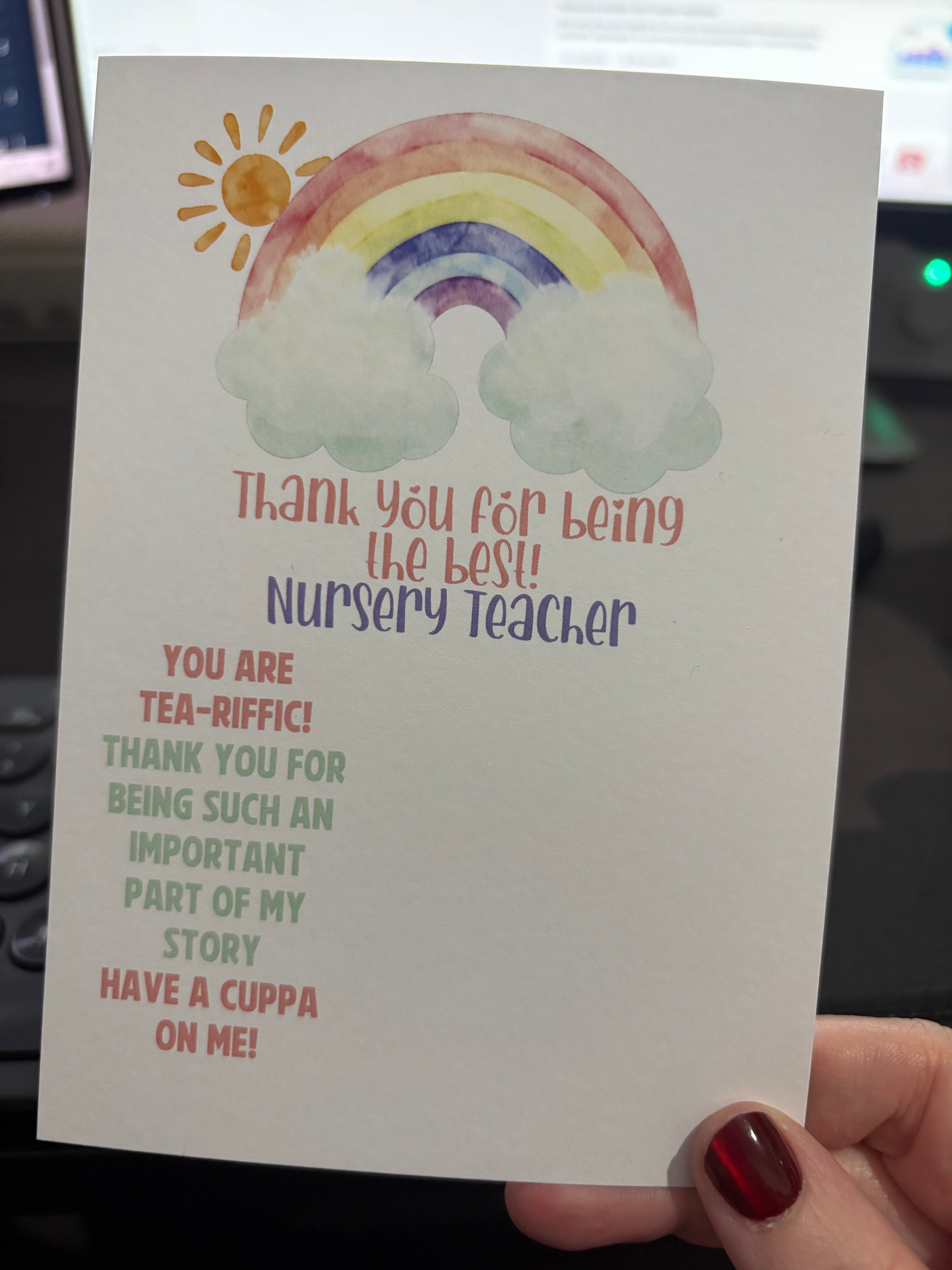 A6 TEA Best Nursery Teacher - BACKING CARD ONLY