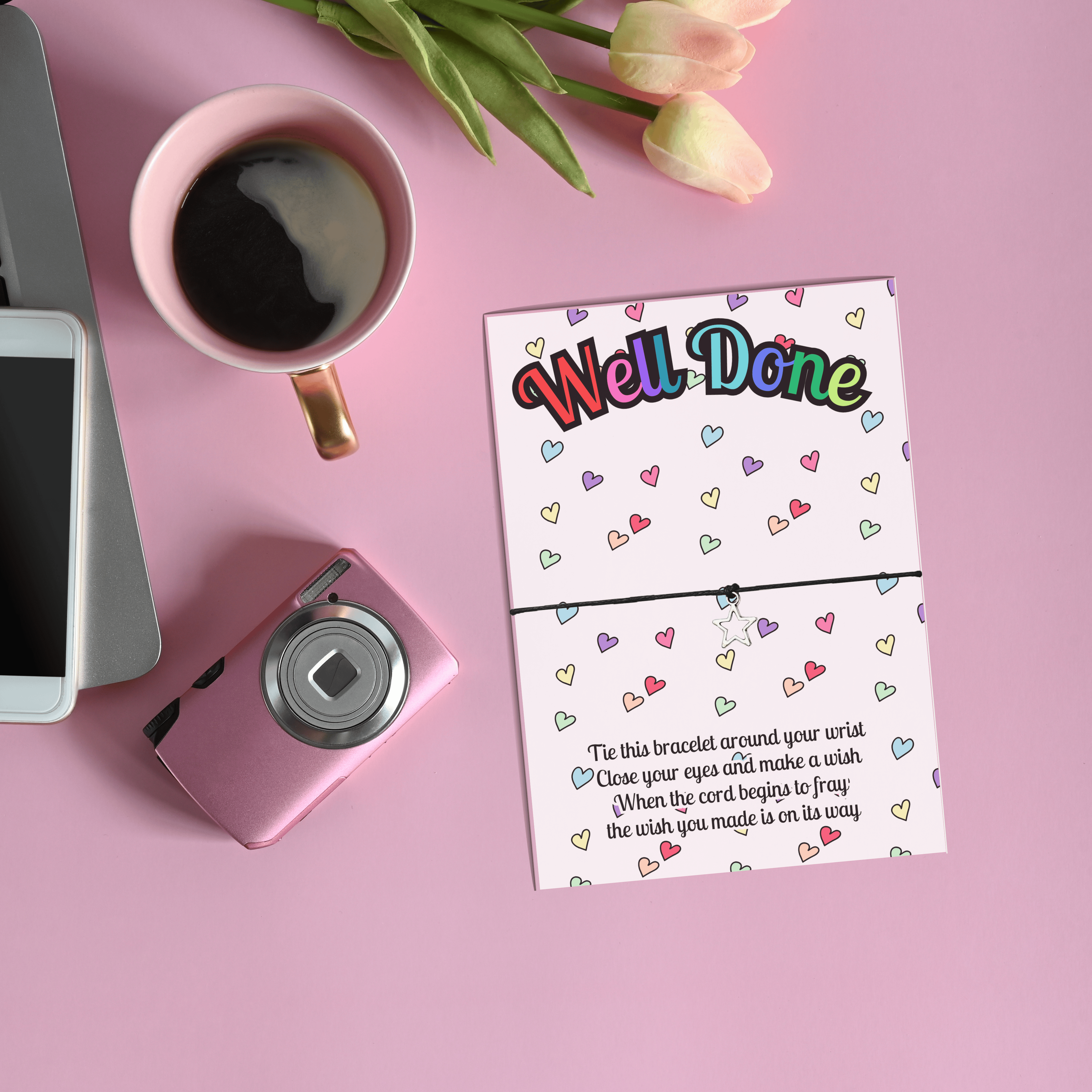 10 x 'Well Done' Rainbow Hearts - Wish Bracelets - A6