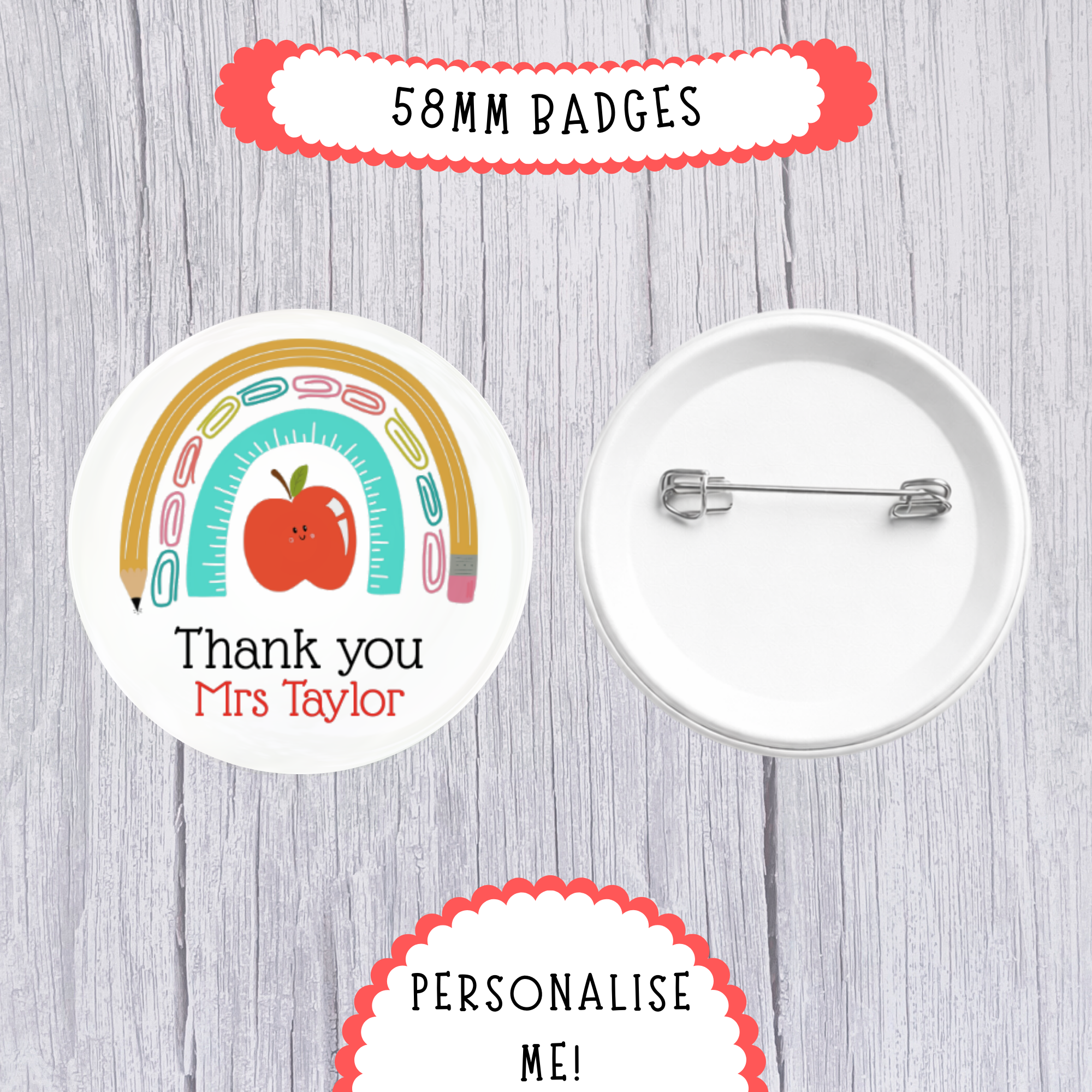 5 x Personalised 'Thank you' - Teaching' Badges - 58mm