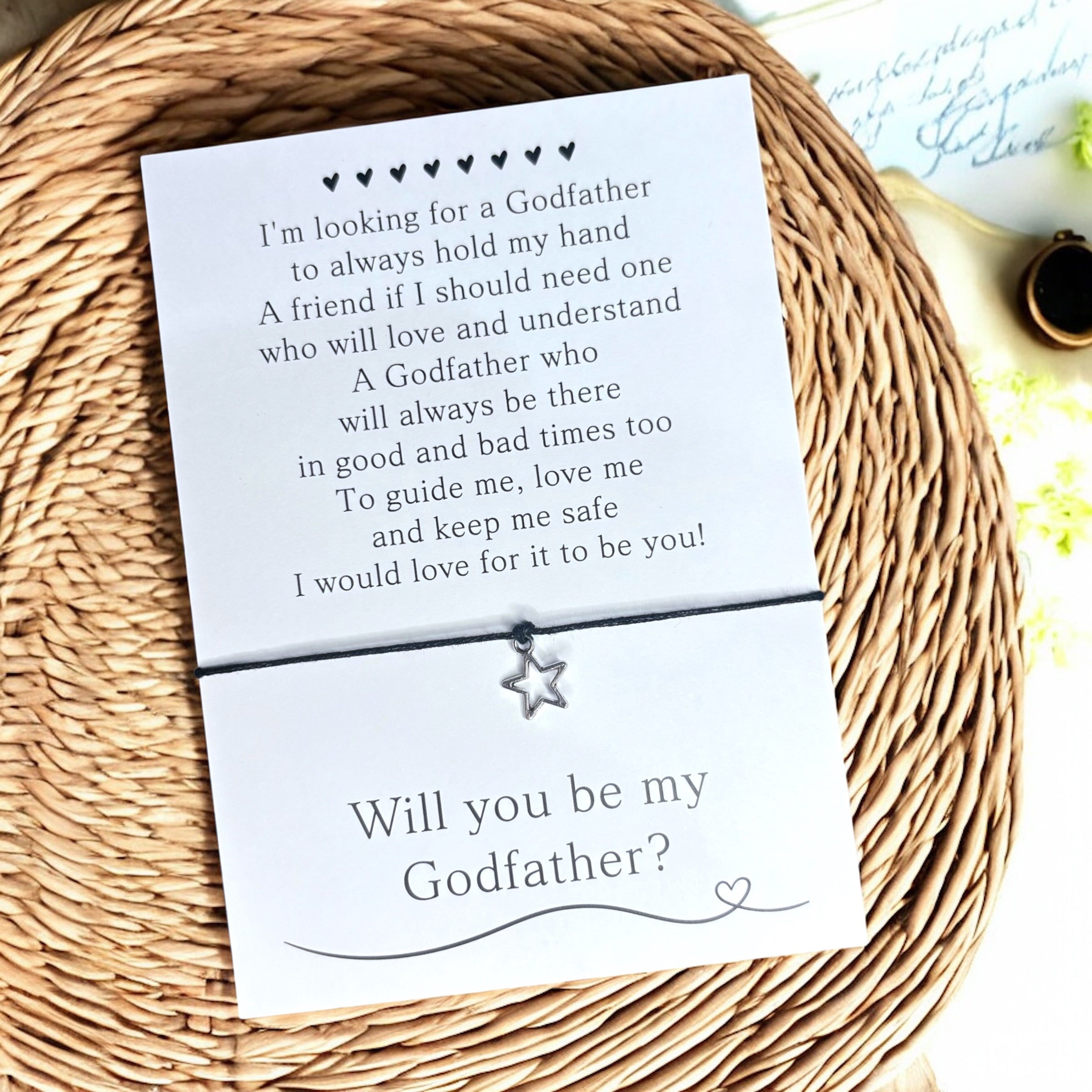 10 x Will you be my - Godmother - Godfather - Bracelet - Heart / Stars Charm - A6