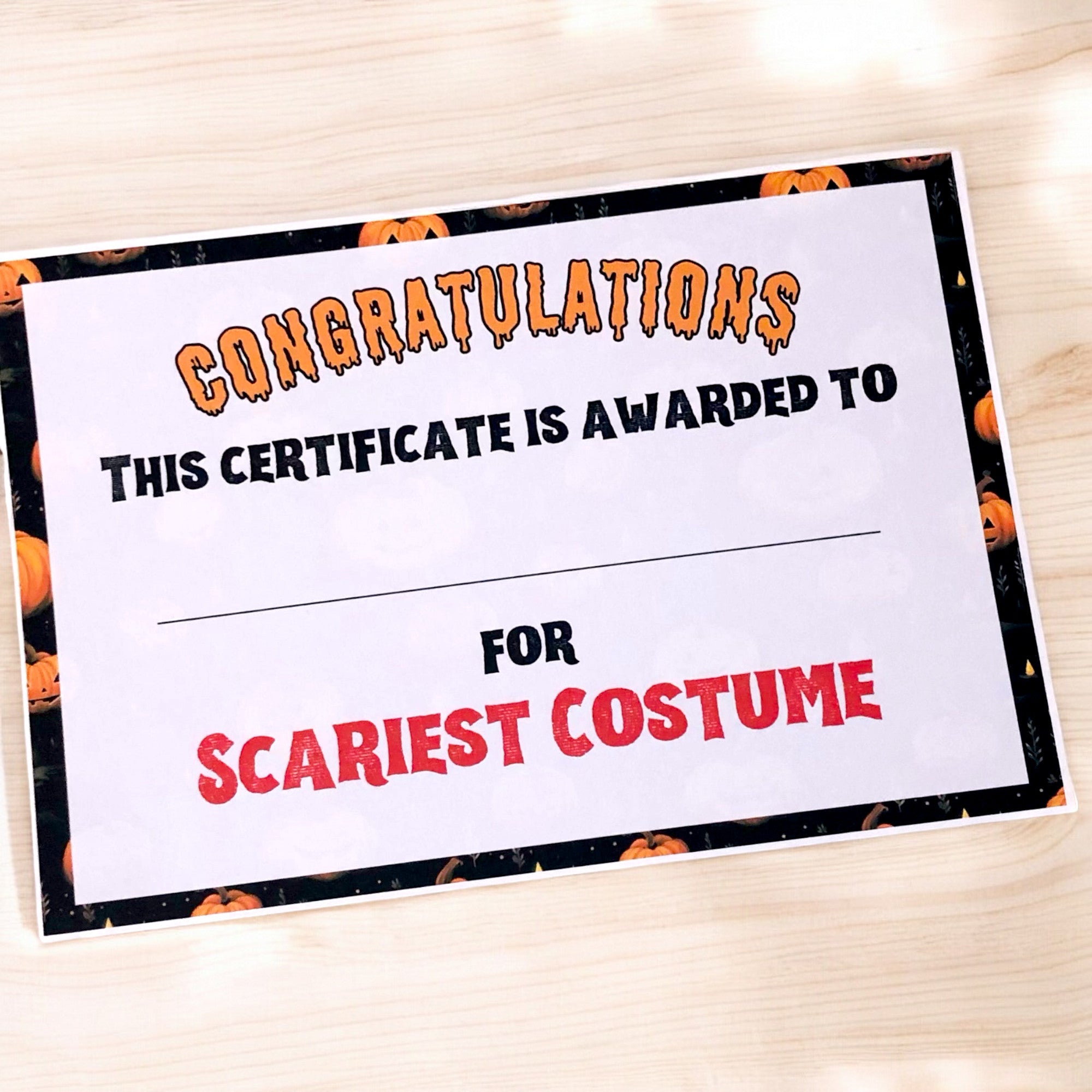 10 x A4 'Scariest Costume Certificate' Laminated