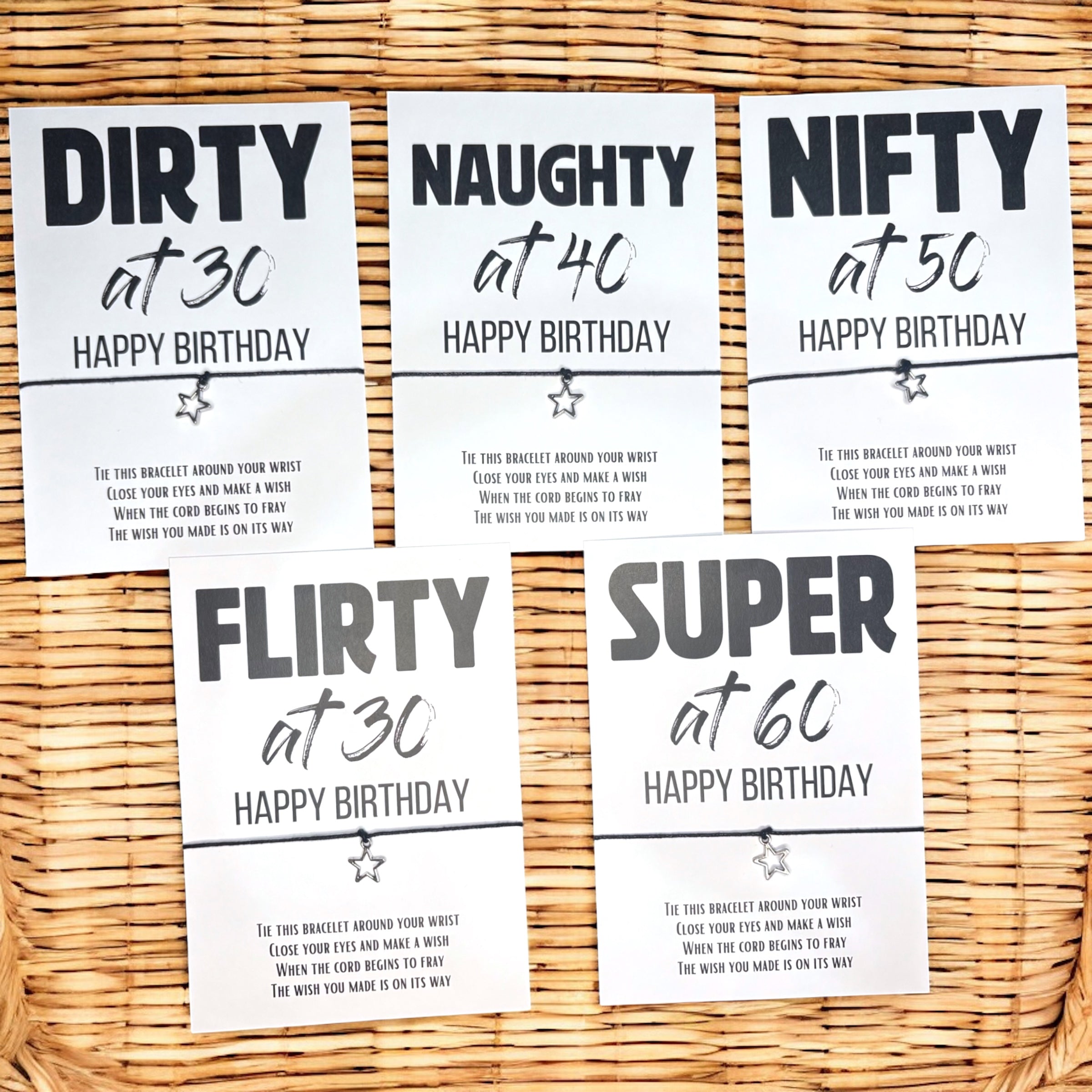10 x 30, 40, 50, 60 Birthday Saying - Bracelets - Star Charm - A6