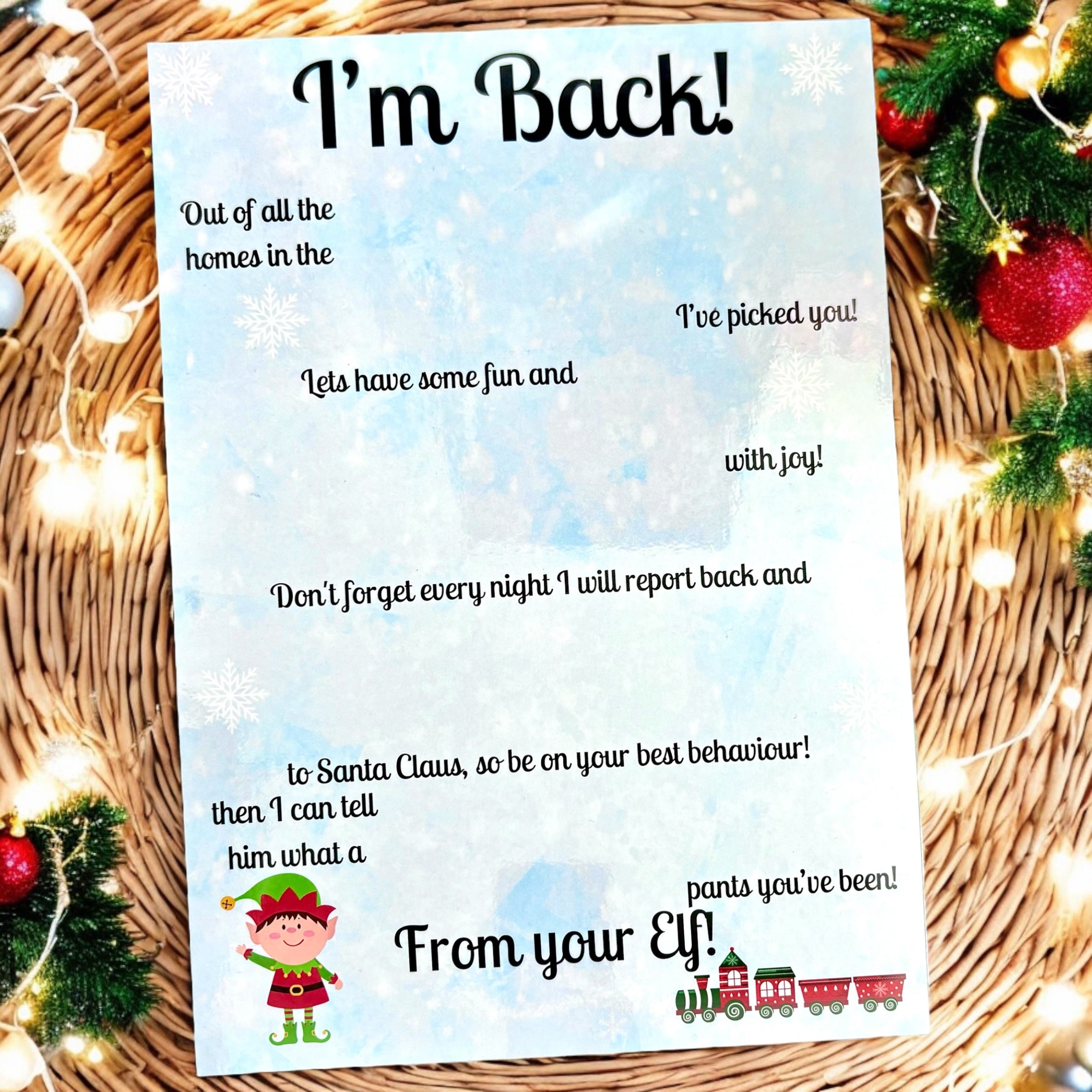 10 x I'm Back - Elf Chocolate Board Laminate - A4