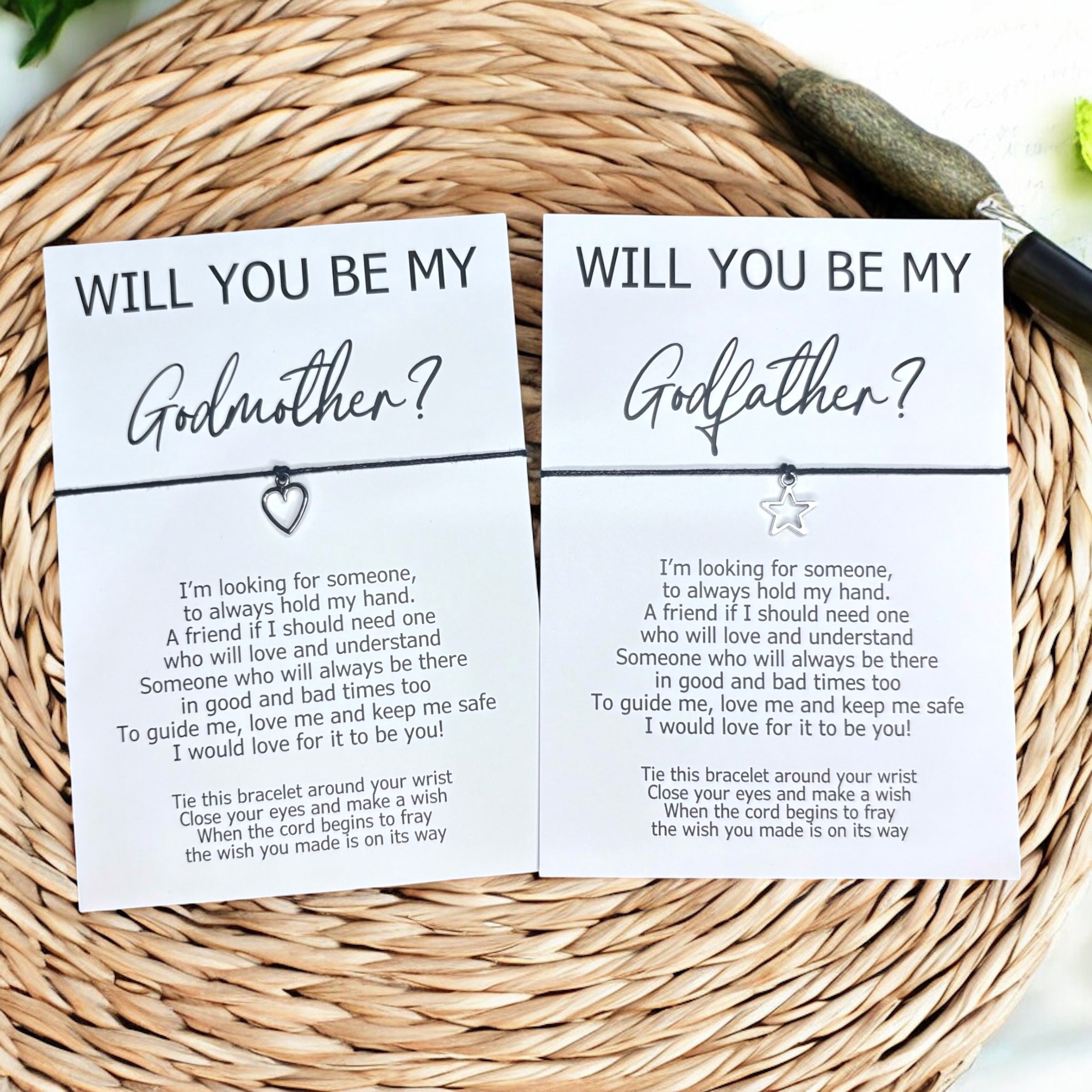 10 x 'Will you be my Godfather / Godmother? V2 ' Star / Heart Charm - Bracelets - A6
