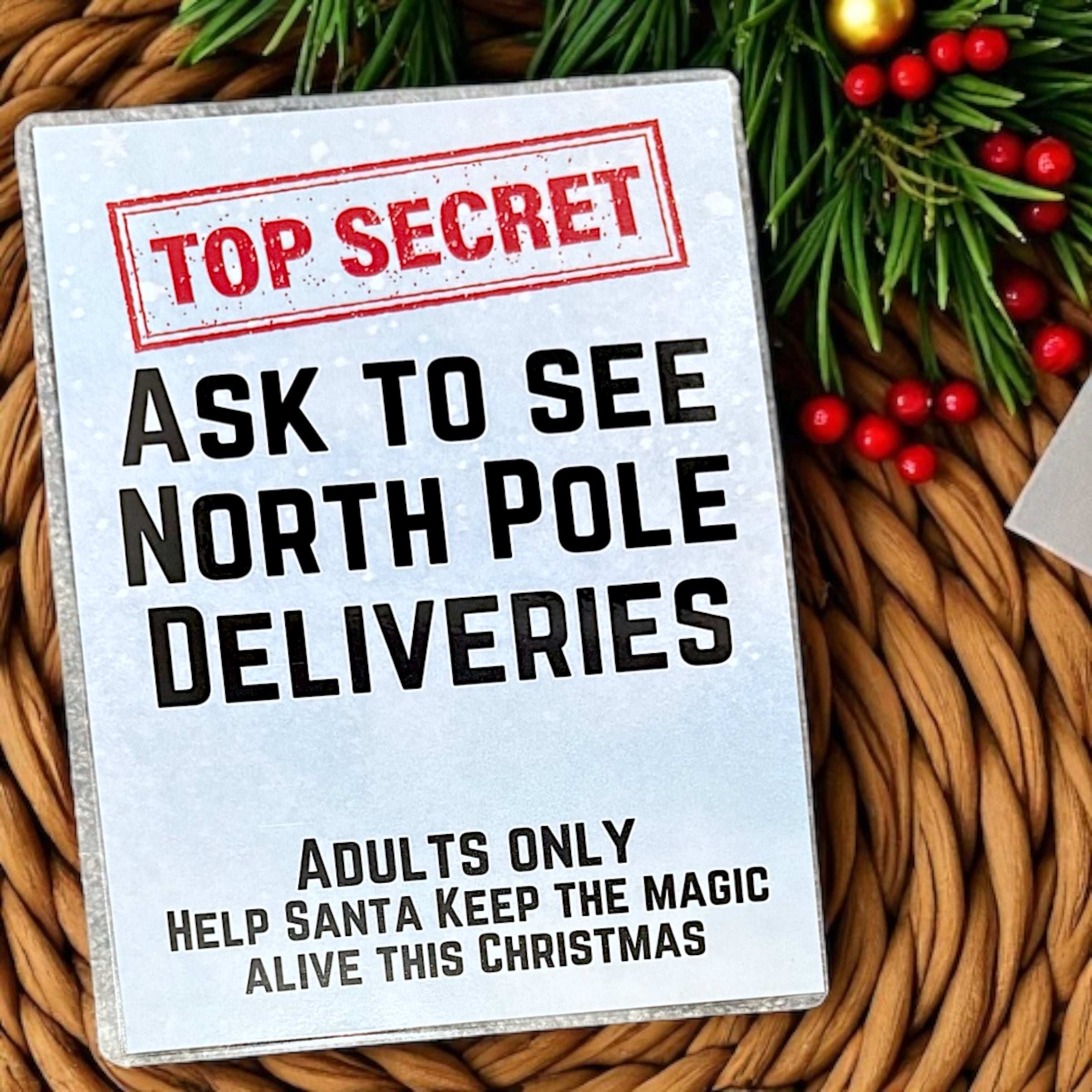 1 x Stall Sign - Top Secret North Pole Deliveries Laminated - A5
