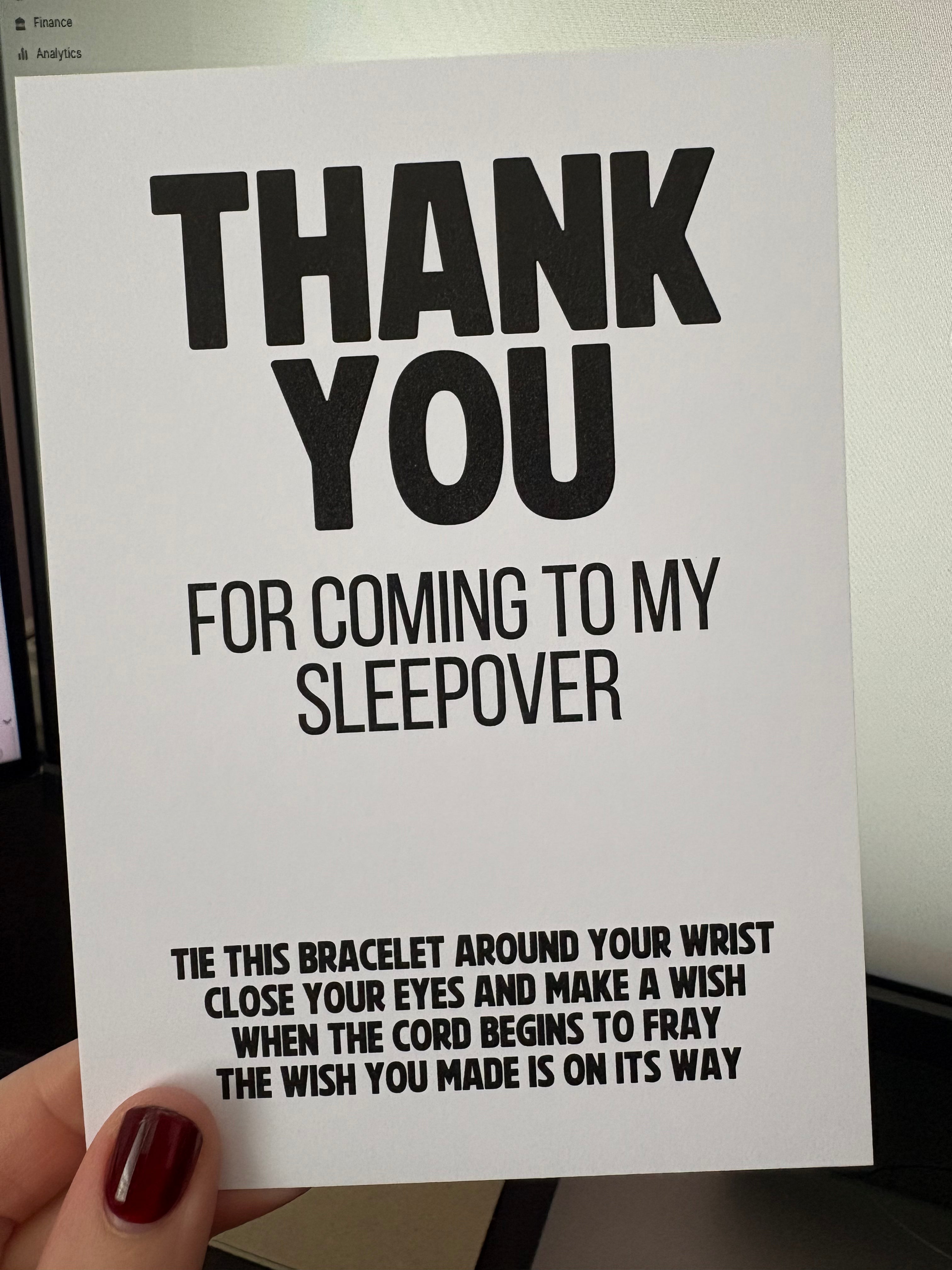 A6 Thank you - Sleepover - BACKING CARD ONLY