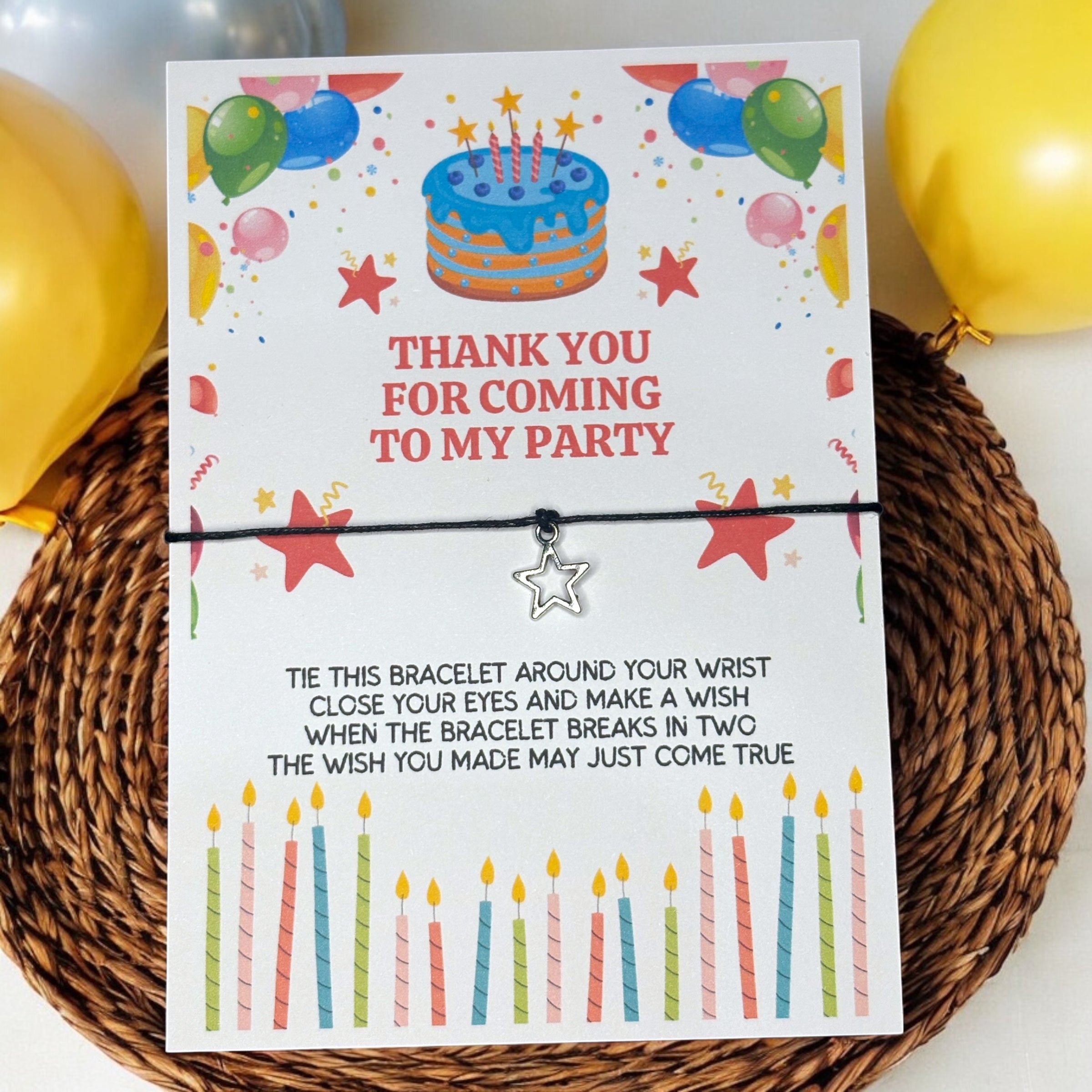 10 x Star Charm - Generic 'Thank you for coming to my party' Bracelets