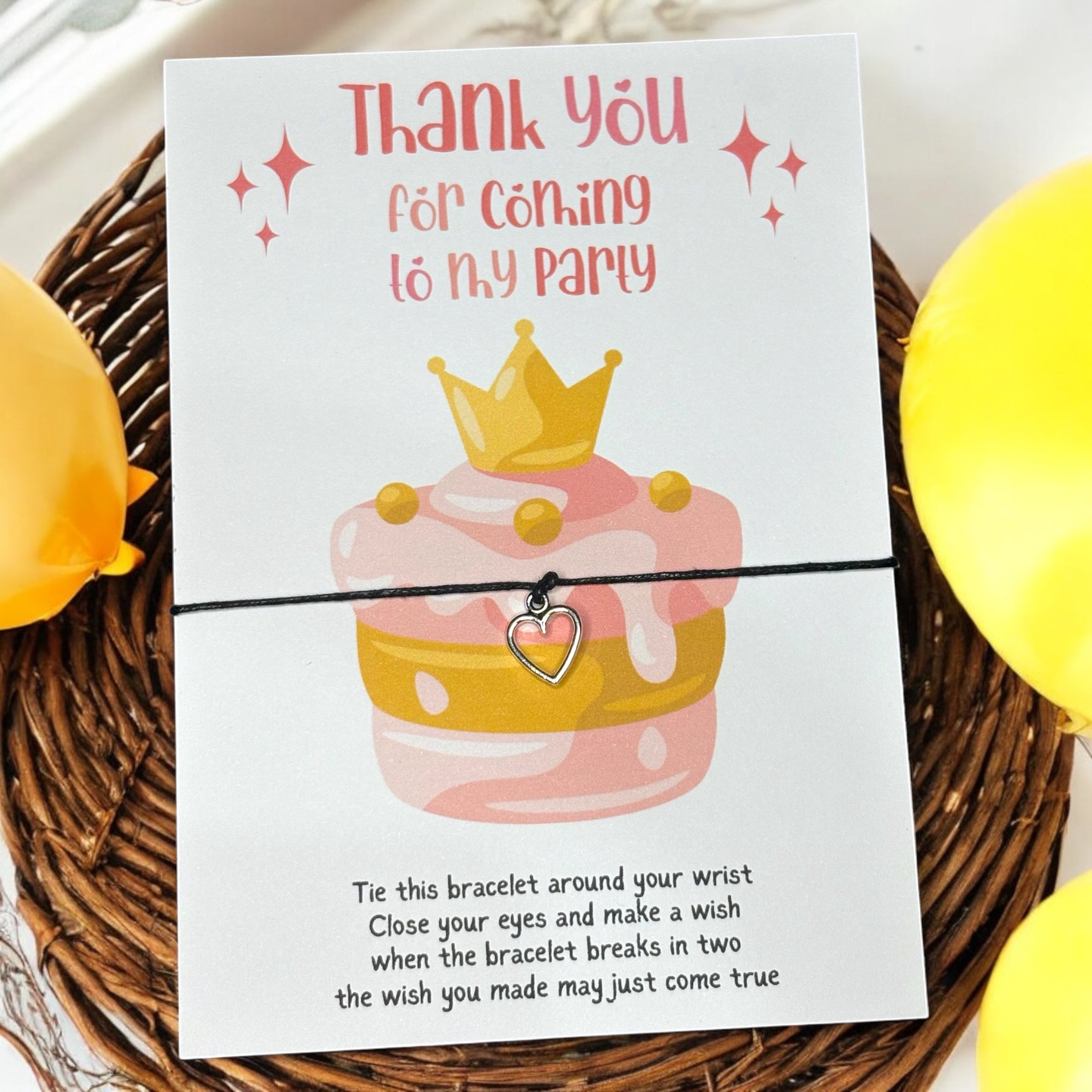 10 x Heart Charm - Princess 'Thank you for coming to my party' Bracelets