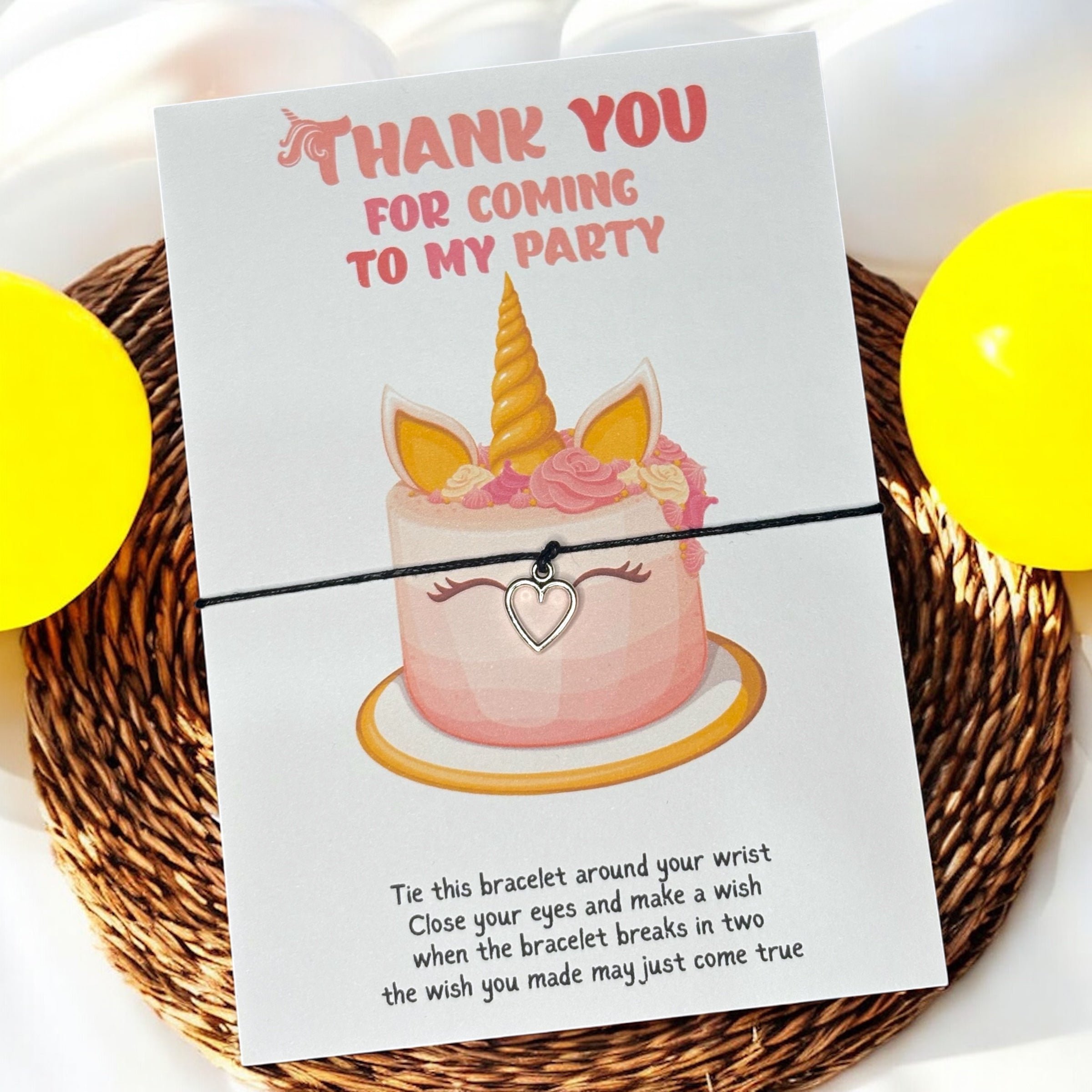 10 x Heart Charm - Unicorn 'Thank you for coming to my party' Bracelets