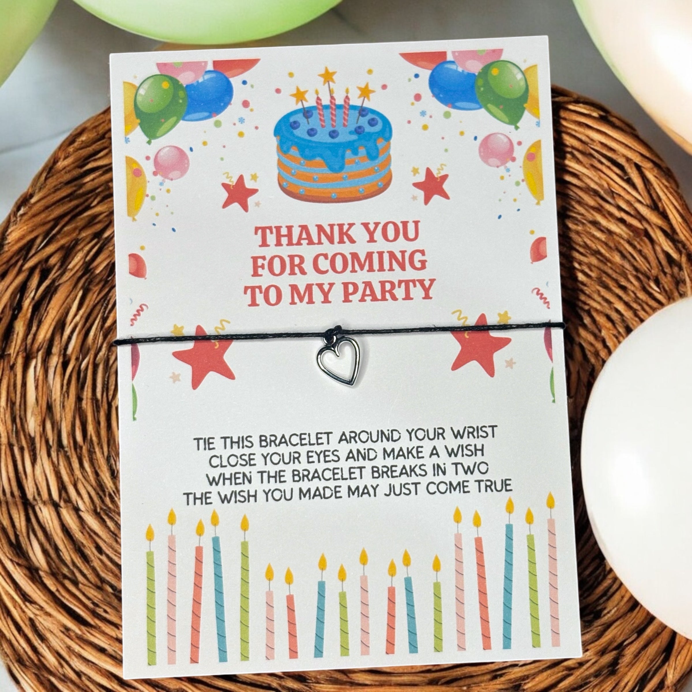 10 x Heart Charm - Generic 'Thank you for coming to my party' Bracelets