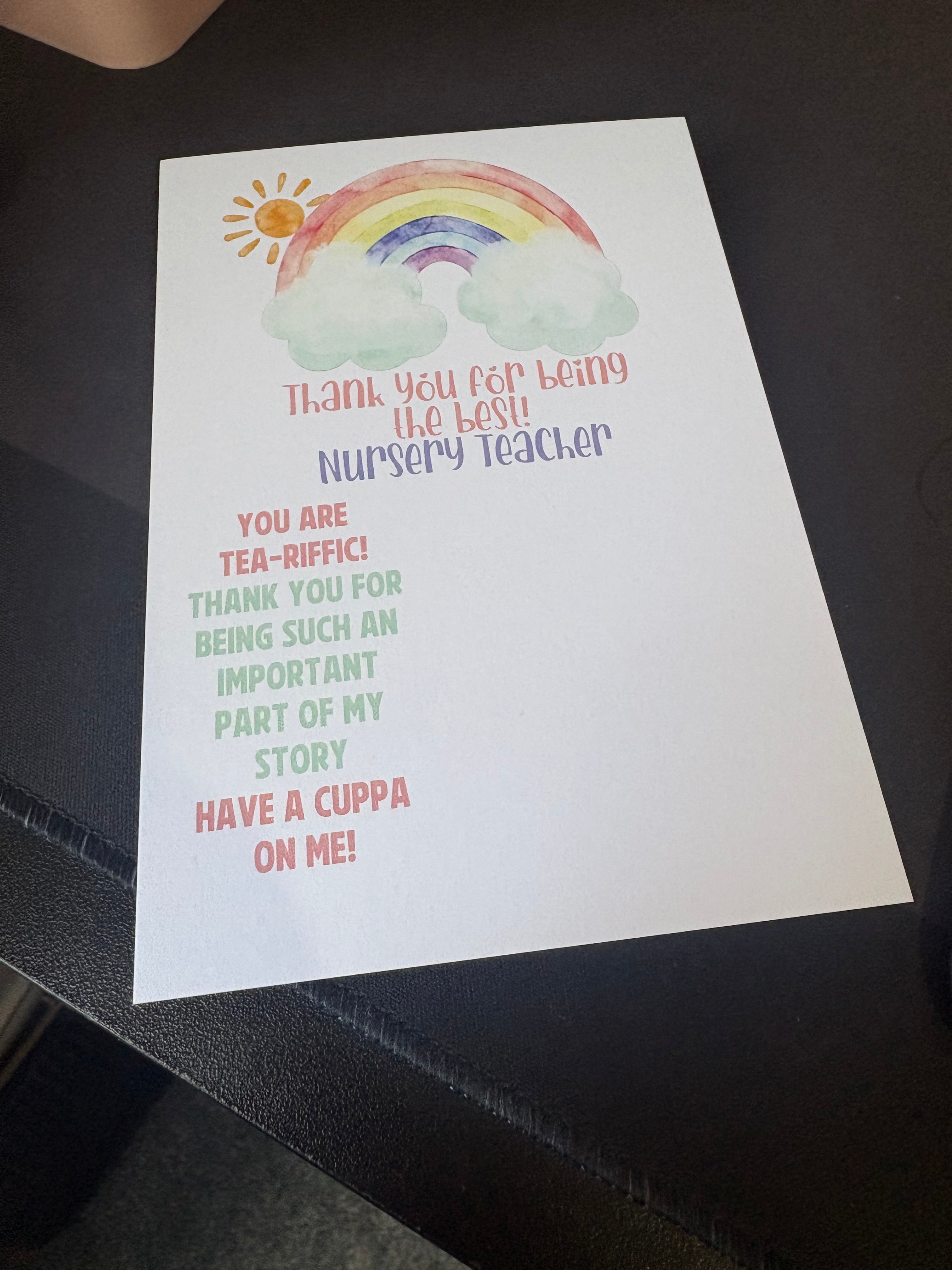 63 x A6 TEA Best Nursery Teacher - BACKING CARD ONLY